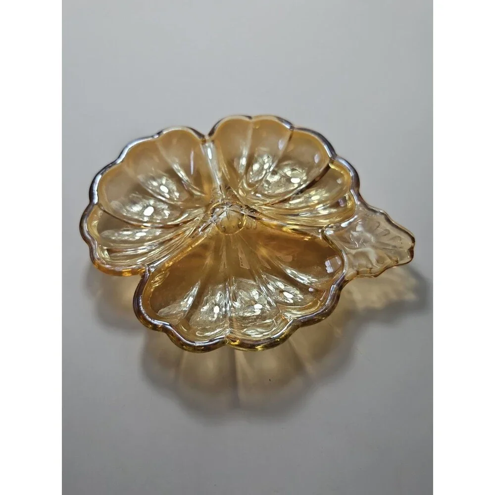 VTG Depression Carnival Glass Iridescent Marigold Gold 3 Leaf Clover Candy Dish